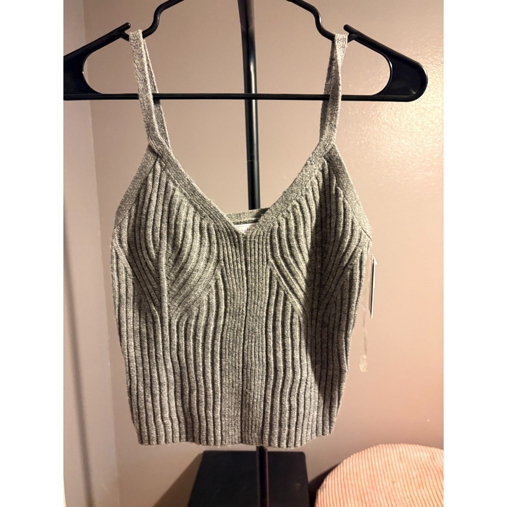 Auden Gray Ribbed Knit Crop Top Sleeveless V-Neck Cotton Blend XS